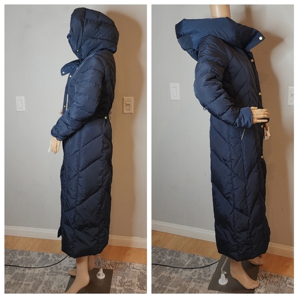 NWT Cole Haan Down Maxi Hooded Chevron Puffer Navy Coat. Women's size XS - Picture 8 of 16